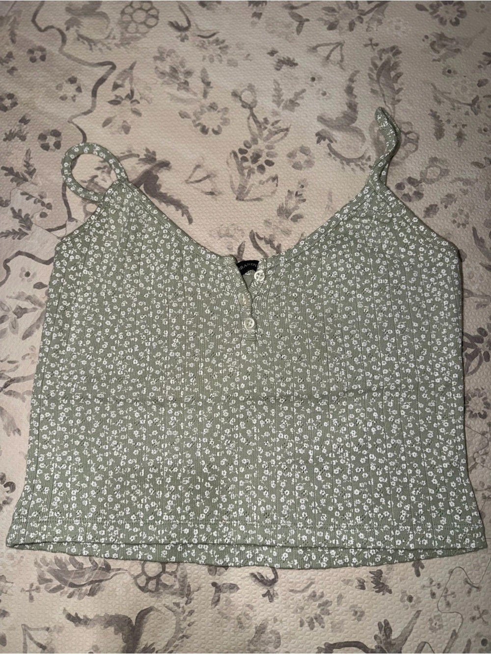 Brandy Melville Floral Ribbed Button Tank Top Green & White